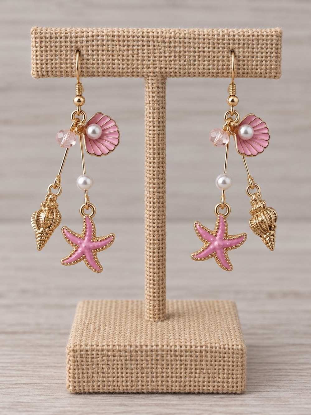 Gold & Pink Seashell Drop Earrings with Starfish